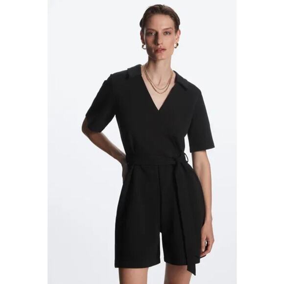 COS Short Sleeve V-Neck Belted Wrap-Effect Playsuit Black Women's Size S NWT - Picture 1 of 10